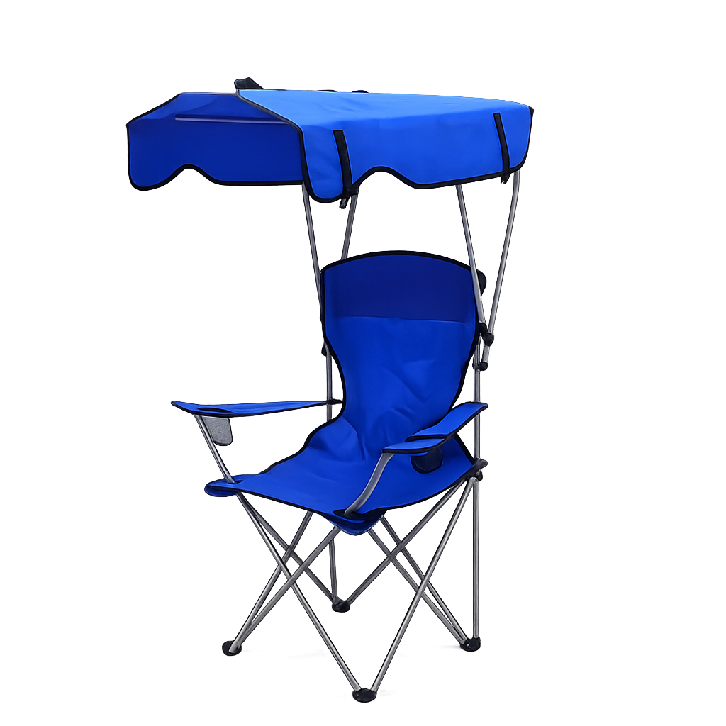Scaun plaja pliabil albastru cu copertina UPF50 suport pahar 150kg camping gradina portabil