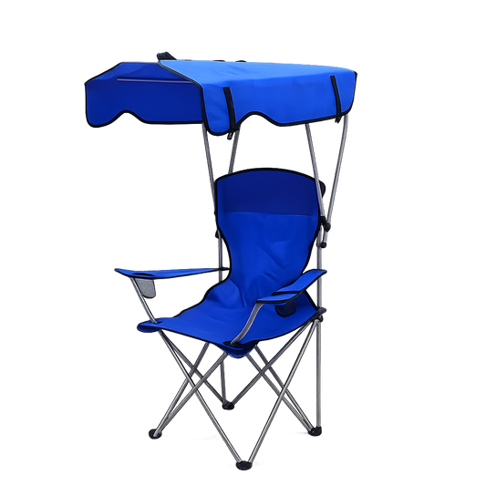 Scaun plaja pliabil albastru cu copertina UPF50 suport pahar 150kg camping gradina portabil