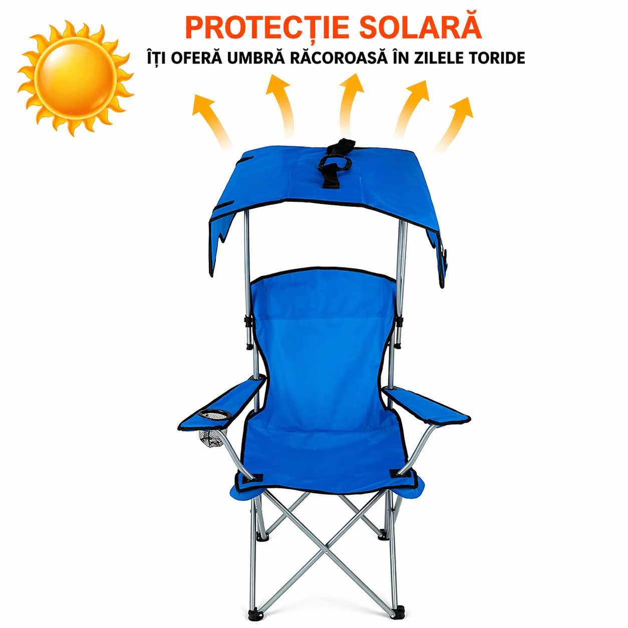 Scaun plaja pliabil albastru cu copertina UPF50 suport pahar 150kg camping gradina portabil