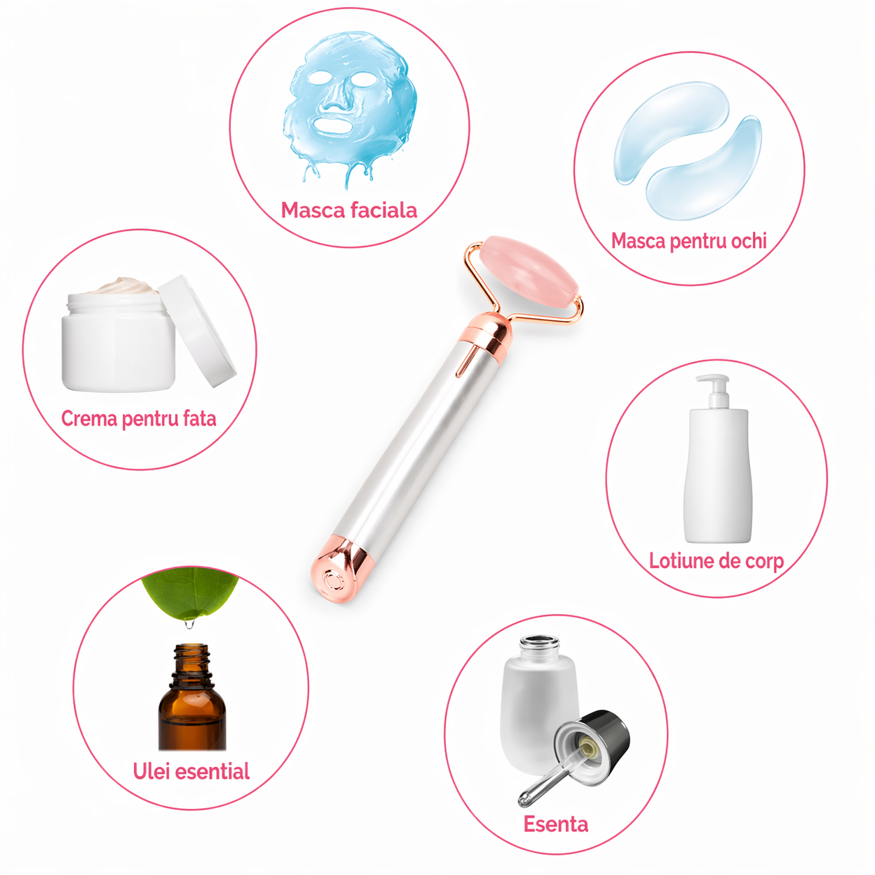 Aparat masaj facial quartz roz vibratii 6000 rpm roller fata anti rid 1+1 gratis