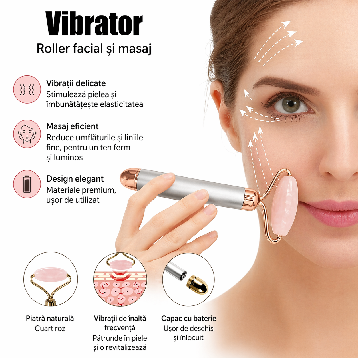 Aparat masaj facial quartz roz vibratii 6000 rpm roller fata anti rid 1+1 gratis