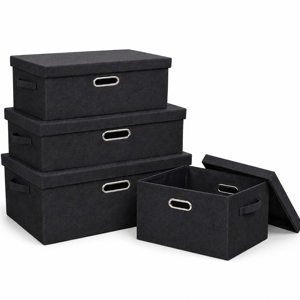 Set 4 cutii depozitare pliabile cu capac si manere organizare haine negru gri