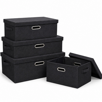 Set 4 cutii depozitare pliabile cu capac si manere organizare haine negru gri