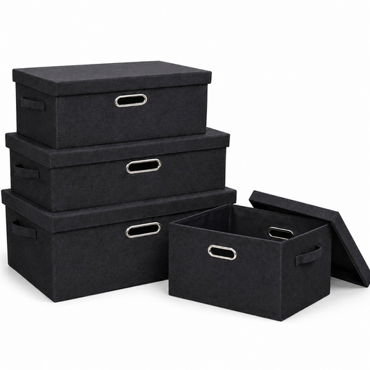 Set 4 cutii depozitare pliabile cu capac si manere organizare haine negru gri