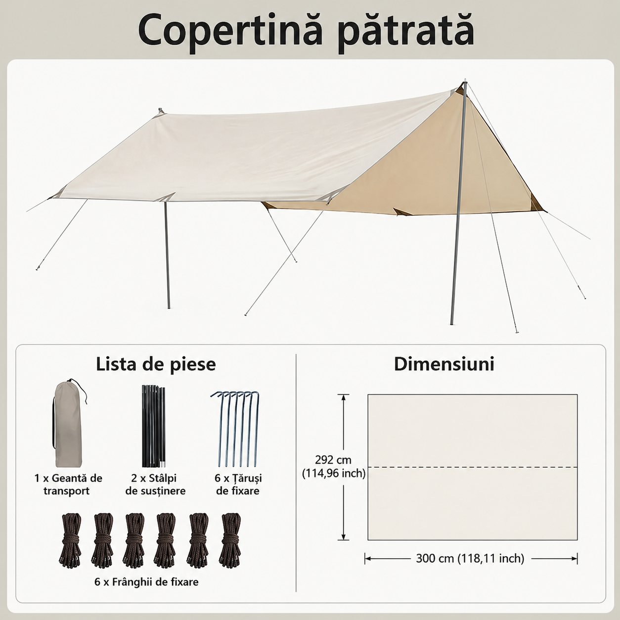 Cort umbrar 300x300 cm impermeabil UV UPF50 cu stalpi metalici portabil camping plaja