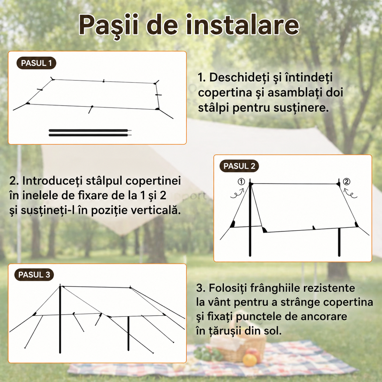 Cort umbrar 300x300 cm impermeabil UV UPF50 cu stalpi metalici portabil camping plaja