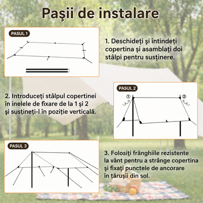 Cort umbrar 300x300 cm impermeabil UV UPF50 cu stalpi metalici portabil camping plaja