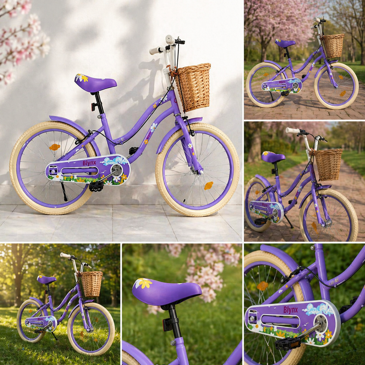 Bicicleta Retro Flower copii 40 cm roti 16 inch cu roti ajutatoare cosulet frana 5-8 ani mov