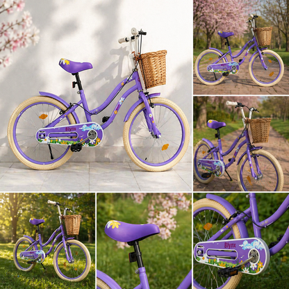 Bicicleta Retro Flower copii 40 cm roti 16 inch cu roti ajutatoare cosulet frana 5-8 ani mov