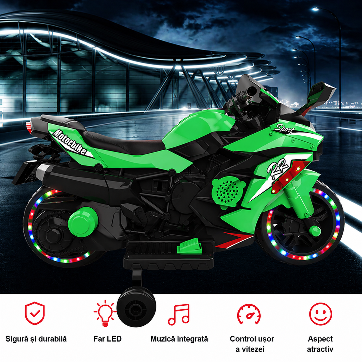 Motocicleta electrica copii 12V cu Bluetooth lumini roti LED 3-6 ani
