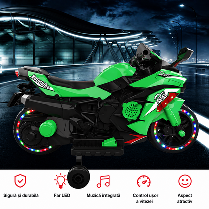 Motocicleta electrica copii 12V cu Bluetooth lumini roti LED 3-6 ani