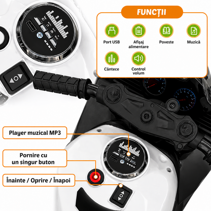 Motocicleta electrica copii 12V cu Bluetooth lumini roti LED 3-6 ani
