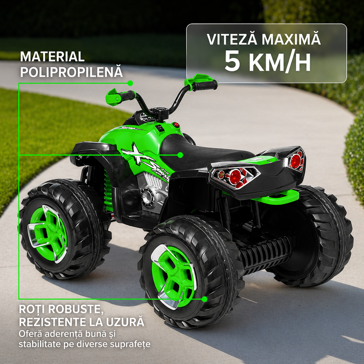 ATV electric copii 12V telecomanda 2 motoare 2 viteze lumini muzica 3-8 ani verde albastru