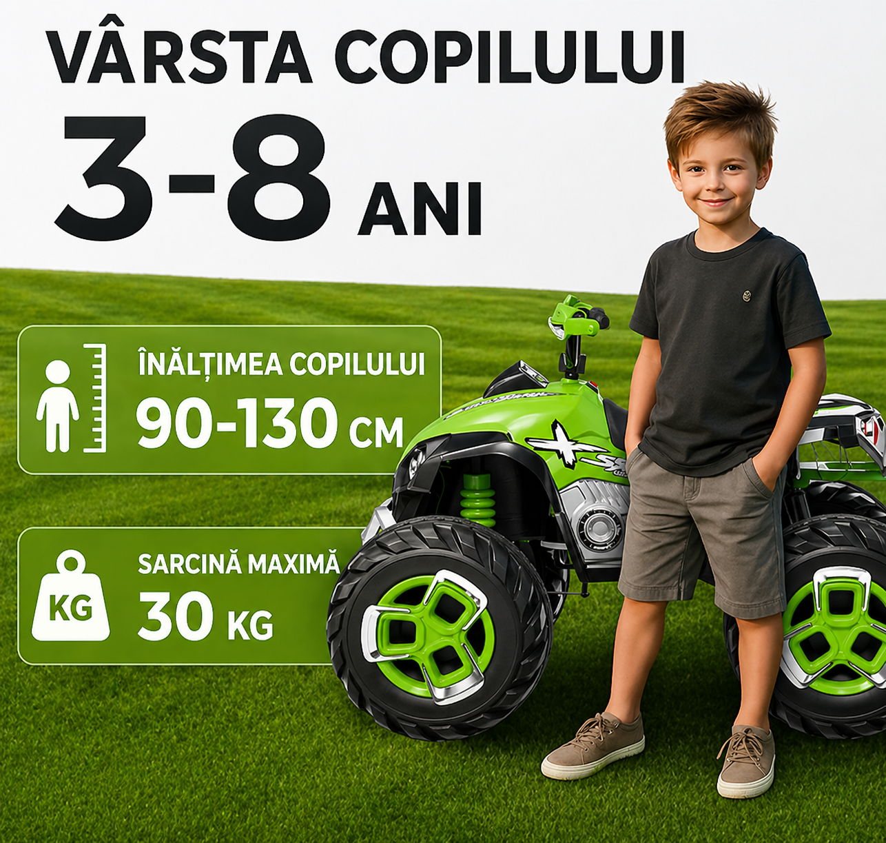 ATV electric copii 12V telecomanda 2 motoare 2 viteze lumini muzica 3-8 ani verde albastru