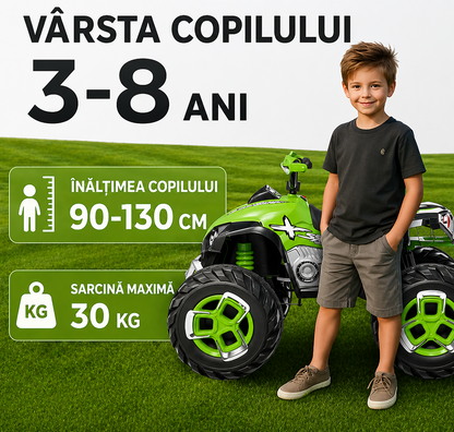 ATV electric copii 12V telecomanda 2 motoare 2 viteze lumini muzica 3-8 ani verde albastru