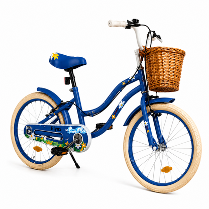 Bicicleta Retro Flower copii 40 cm roti 16 inch cu roti ajutatoare cosulet frana 5-8 ani albastra