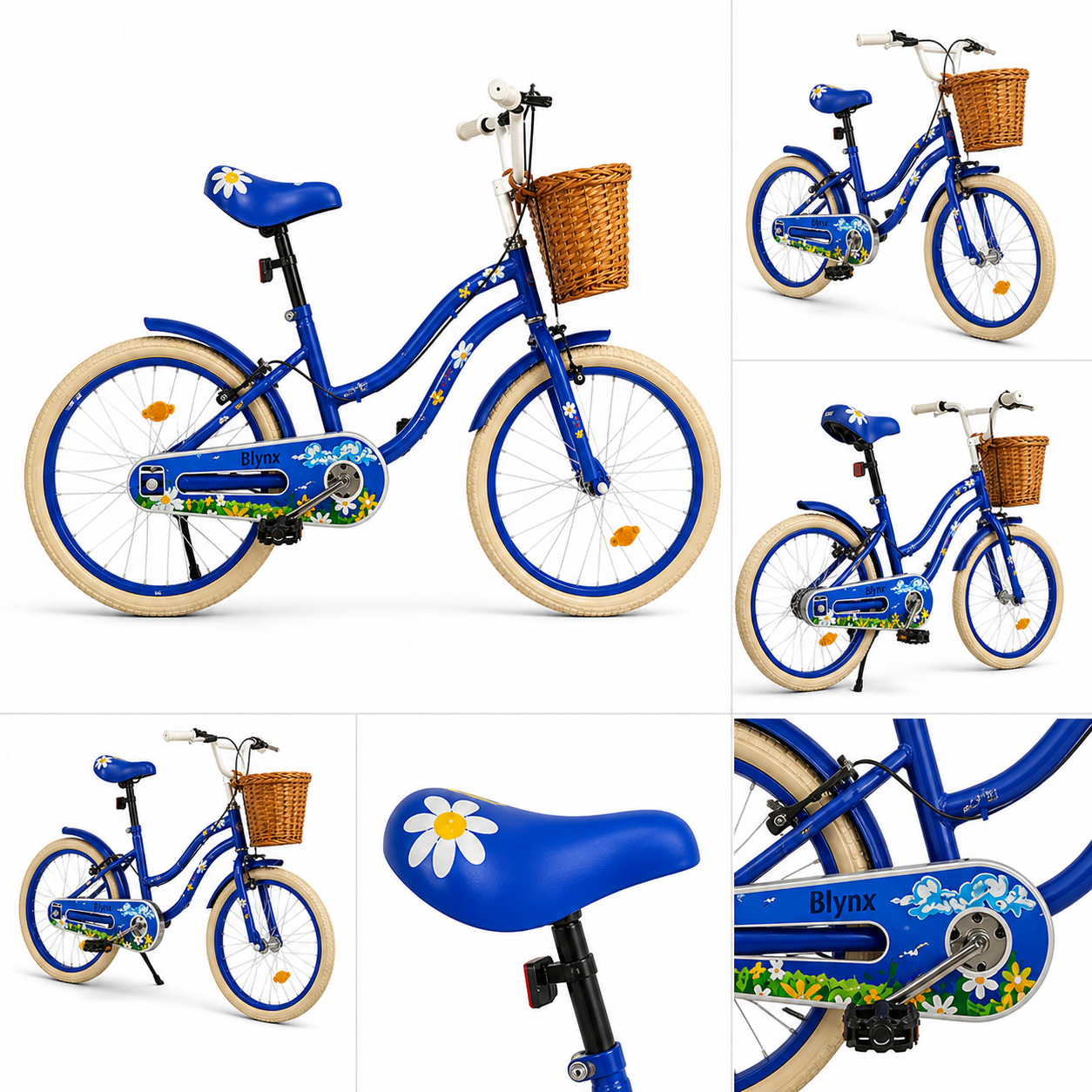 Bicicleta Retro Flower copii 50 cm roti 20 inch cu roti ajutatoare cosulet frana 7-12 ani albastra