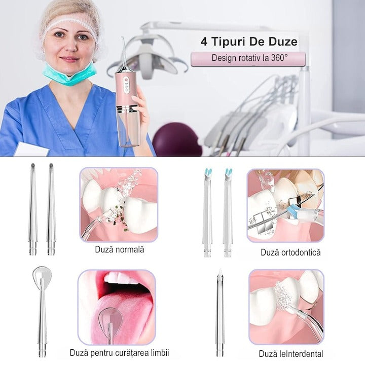 Irigator Oral Electric Portabil 220ml, 3 Moduri, IPX7, 8 Duze, USB