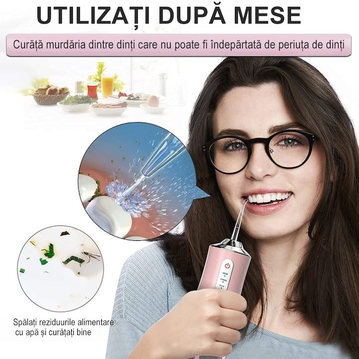 Irigator Oral Electric Portabil 220ml, 3 Moduri, IPX7, 8 Duze, USB