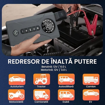 Jump Starter + compresor auto 2 în 1 TruckPower – 16000mAh, 2000A, lanternă și powerbank USB