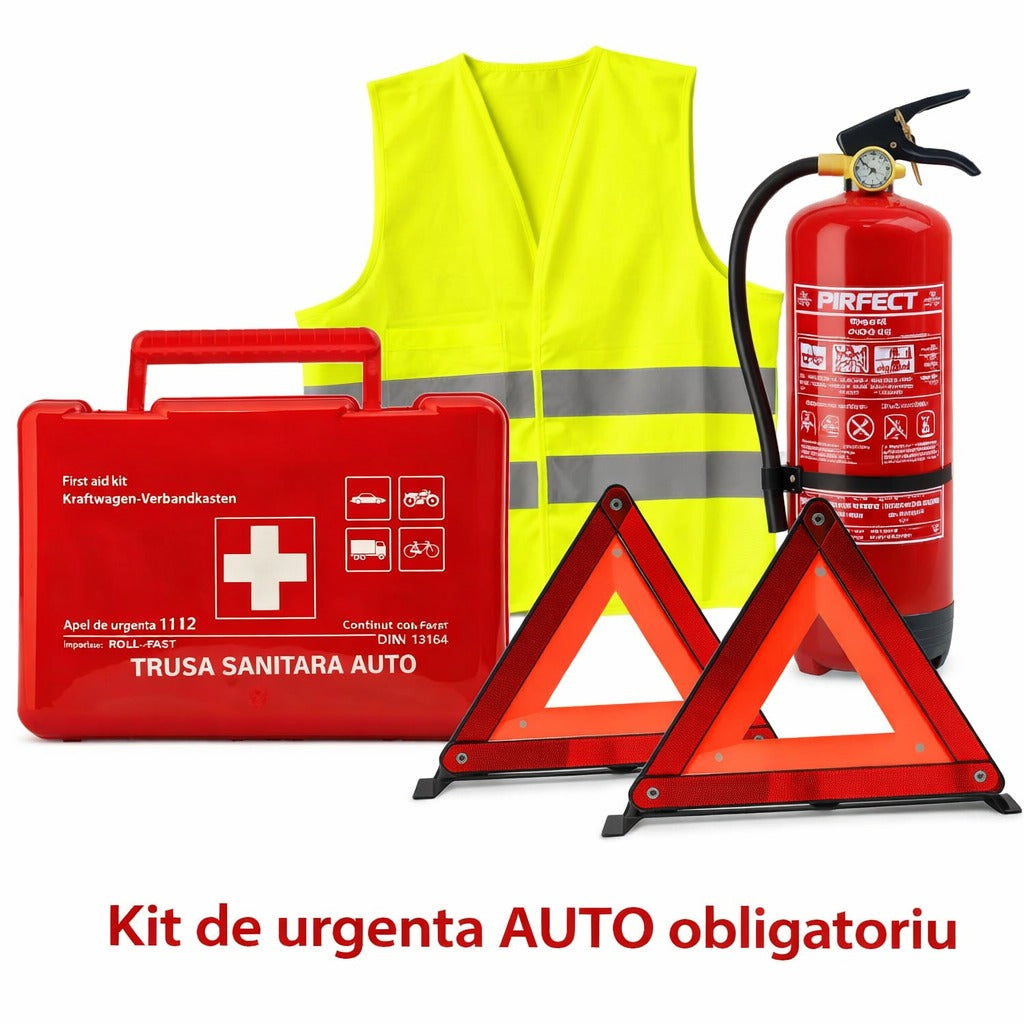 Kit urgenta auto obligatoriu cu stingator vesta reflectorizanta si 2 triunghiuri reflectorizante