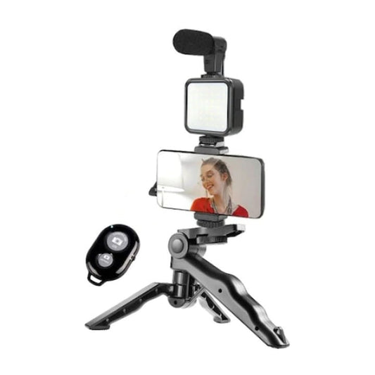 Kit Vlogging 4-în-1 KD4920 – Suport telefon, lampă LED, microfon, trepied & telecomandă