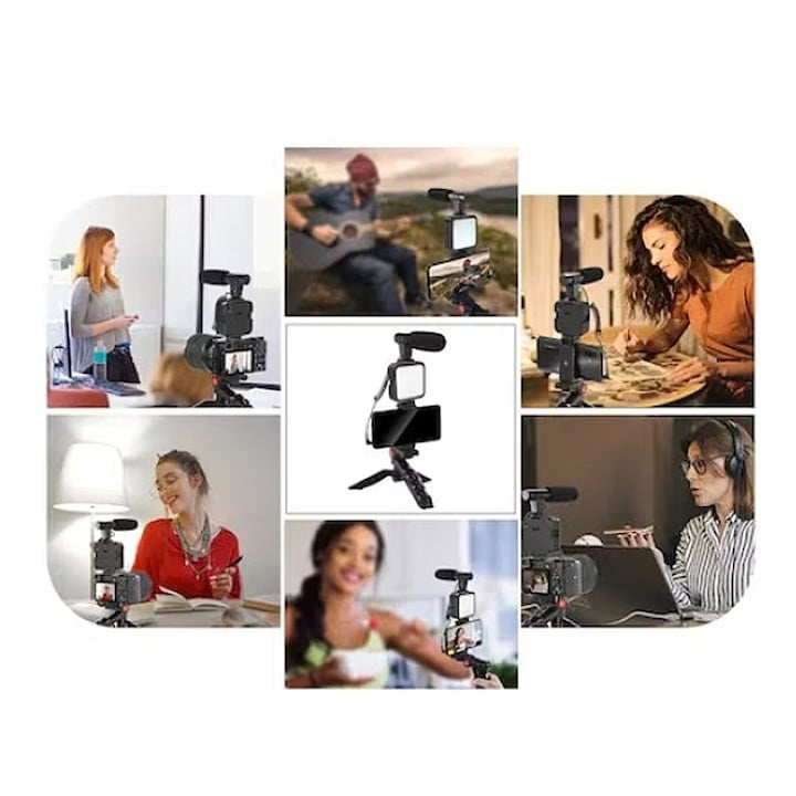 Kit Vlogging 4-în-1 KD4920 – Suport telefon, lampă LED, microfon, trepied & telecomandă