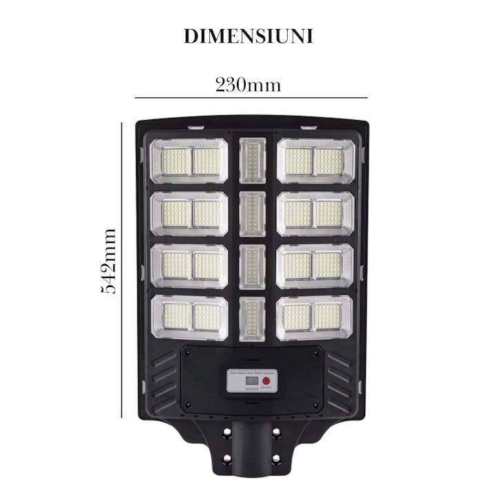 Lampă solară LED stradală 800W cu senzor mișcare, stâlp inclus, IP67, telecomandă