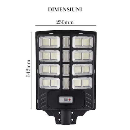 Lampă solară LED stradală 800W cu senzor mișcare, stâlp inclus, IP67, telecomandă