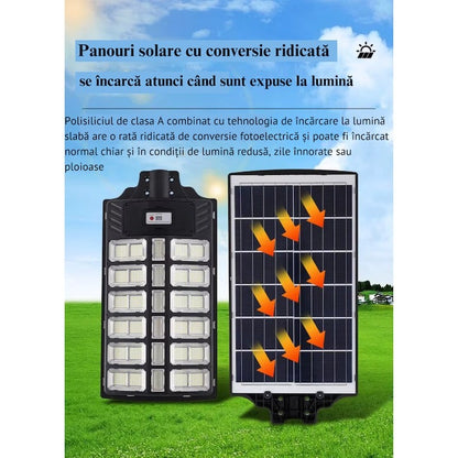 Lampă solară LED stradală 800W cu senzor mișcare, stâlp inclus, IP67, telecomandă