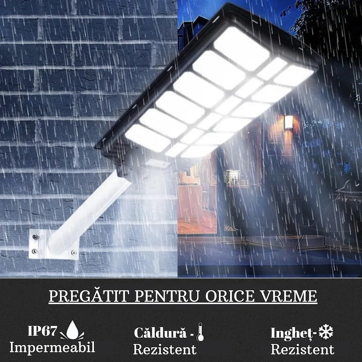 Lampă solară LED stradală 800W cu senzor mișcare, stâlp inclus, IP67, telecomandă