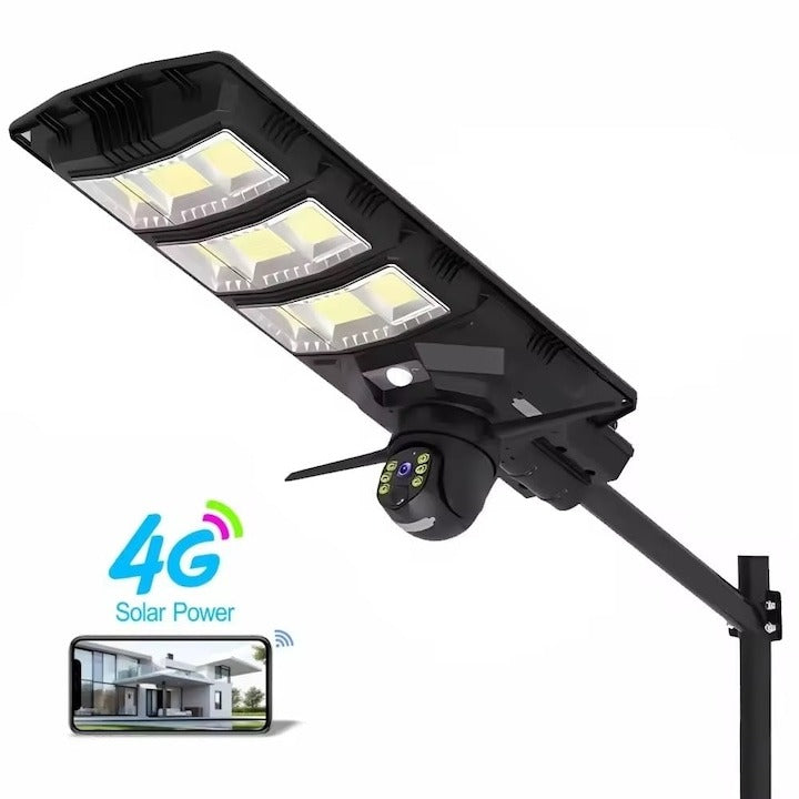 Lampă solară stradală LED 300W cu cameră 4G, rotativă, telecomandă și stâlp inclus