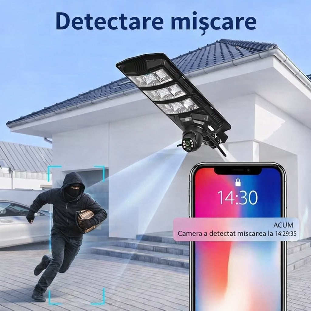Lampă solară stradală LED 300W cu cameră 4G, rotativă, telecomandă și stâlp inclus
