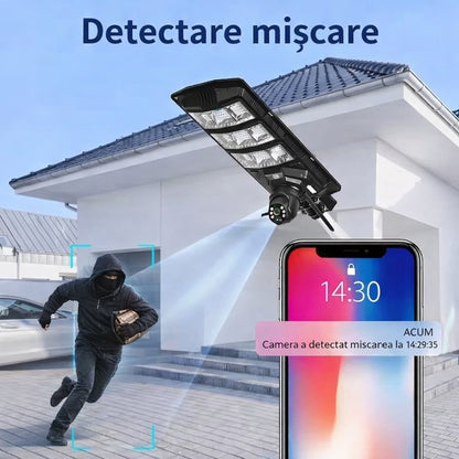 Lampă solară stradală LED 300W cu cameră 4G, rotativă, telecomandă și stâlp inclus
