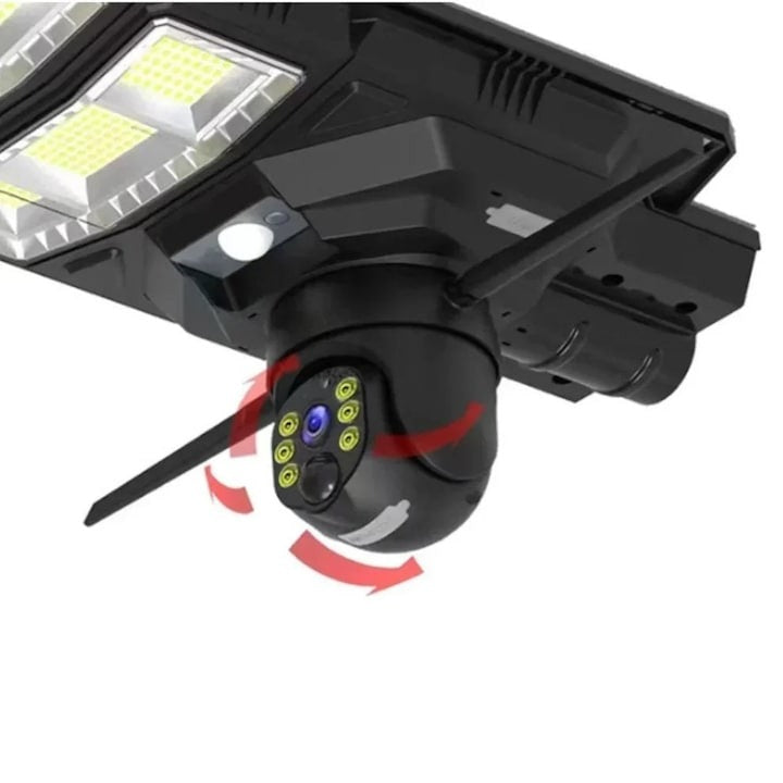Lampă solară stradală LED 300W cu cameră 4G, rotativă, telecomandă și stâlp inclus