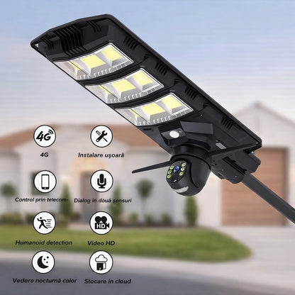 Lampă solară stradală LED 300W cu cameră 4G, rotativă, telecomandă și stâlp inclus