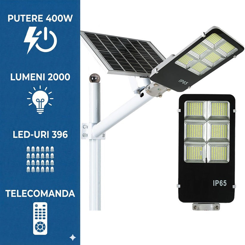 Lampa stradala solara Jortan 400W cu senzor miscare, telecomanda, stalp inclus + CADOU