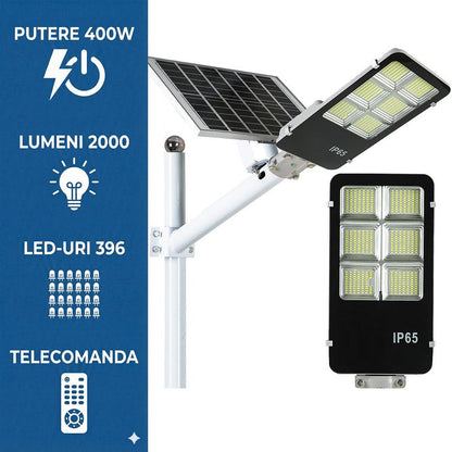 Lampa stradala solara Jortan 400W cu senzor miscare, telecomanda, stalp inclus + CADOU