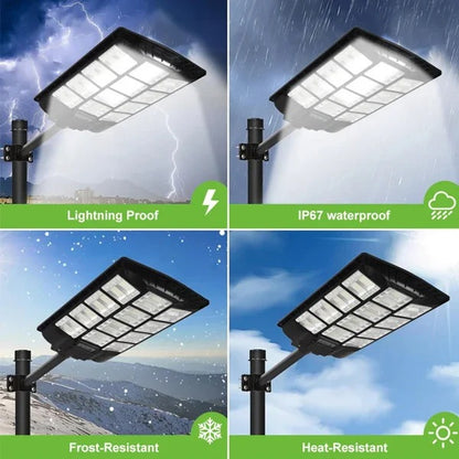 Lampă solară stradală triplă 1000W cu telecomandă, stâlp inclus, senzor mișcare, IP65