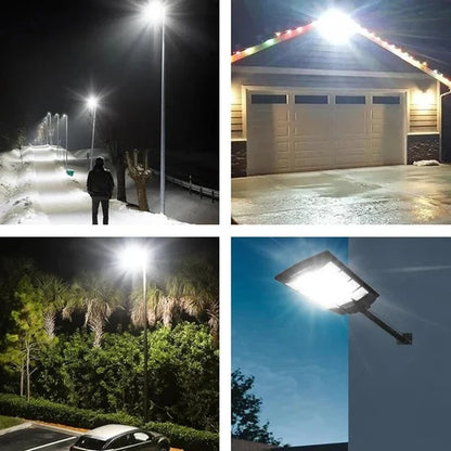 Lampă solară stradală triplă 1000W cu telecomandă, stâlp inclus, senzor mișcare, IP65