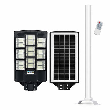 Lampă solară stradală triplă 1000W cu telecomandă, stâlp inclus, senzor mișcare, IP65