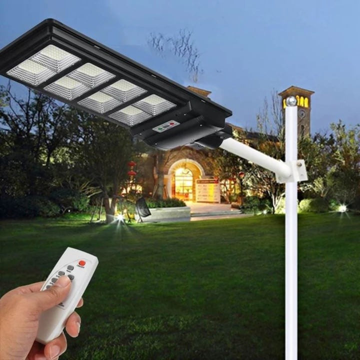 Lampă stradală solară LED 600W IP67 cu senzor mișcare, stâlp inclus, telecomandă