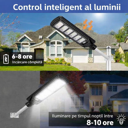 Lampă stradală solară 350W cu senzor mișcare, stâlp inclus, IP65, telecomandă