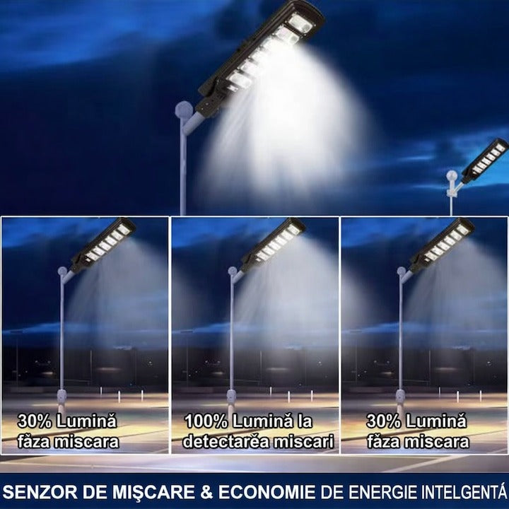 Lampă stradală solară 350W cu senzor mișcare, stâlp inclus, IP65, telecomandă