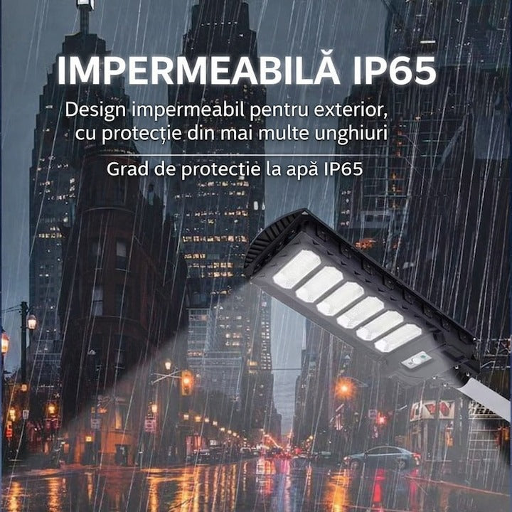 Lampă stradală solară 350W cu senzor mișcare, stâlp inclus, IP65, telecomandă