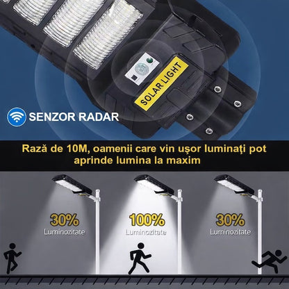 Lampă stradală solară 350W cu senzor mișcare, stâlp inclus, IP65, telecomandă