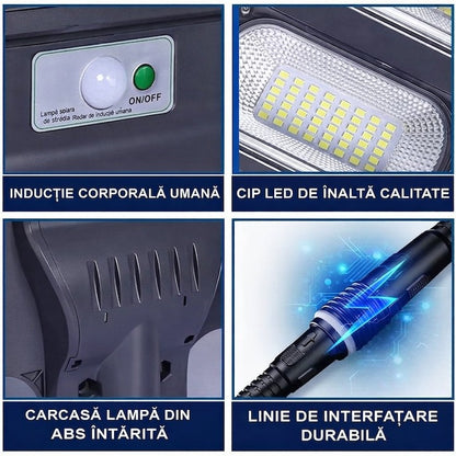 Lampă stradală solară 350W cu senzor mișcare, stâlp inclus, IP65, telecomandă