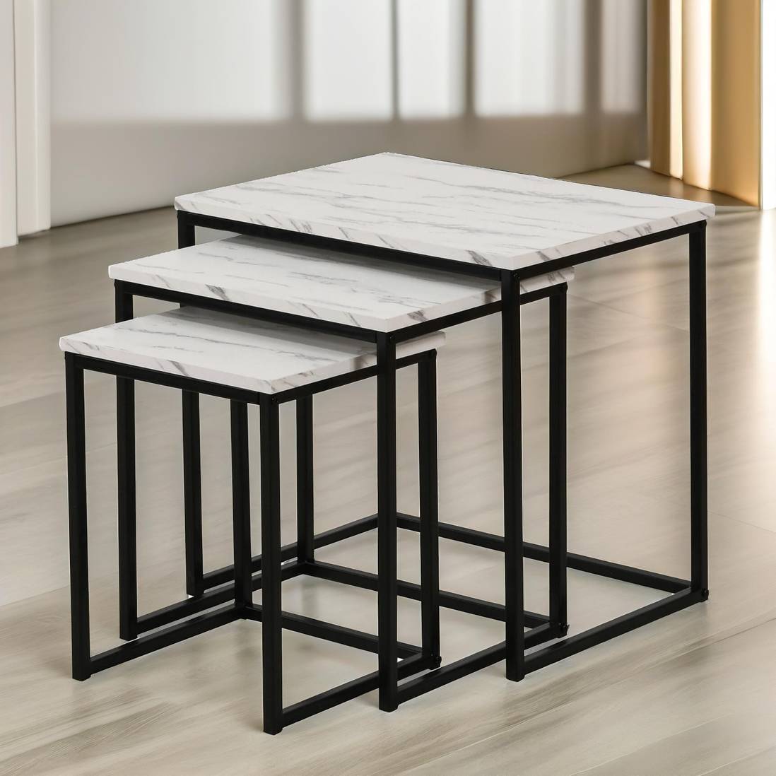 Set 3 Masute Patrate Suprapuse, Efect Marmura, Cadru Metalic Negru, 40 x 50 x 49.5 cm