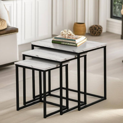 Set 3 Masute Patrate Suprapuse, Efect Marmura, Cadru Metalic Negru, 40 x 50 x 49.5 cm