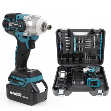 Trusa masina de insurubat cu impact – bormasina 48V, 2 acumulatori, 850Nm, 40 accesorii, albastru/negru